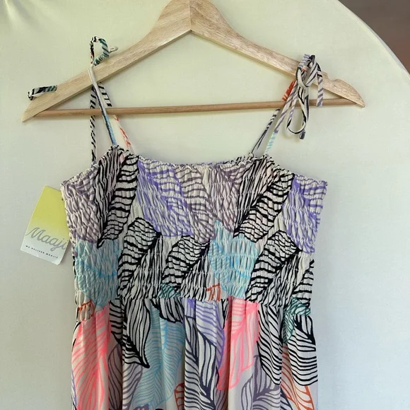 Maaji Maxi Dress – Sunset Palm Fronds Ruched Tie Strap Beach Size M - Picture 4 of 7